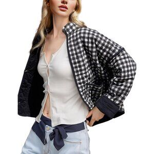 Women’s Black plaid Cropped Puffer Quilted Jacket Floral Print Lightweight Coat